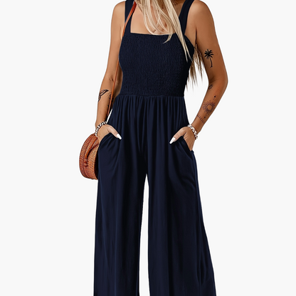 Damen Jumpsuit Elegant mit weitem Bein und Smok-Top, Sommer Overall für Freizeit & Urlaub