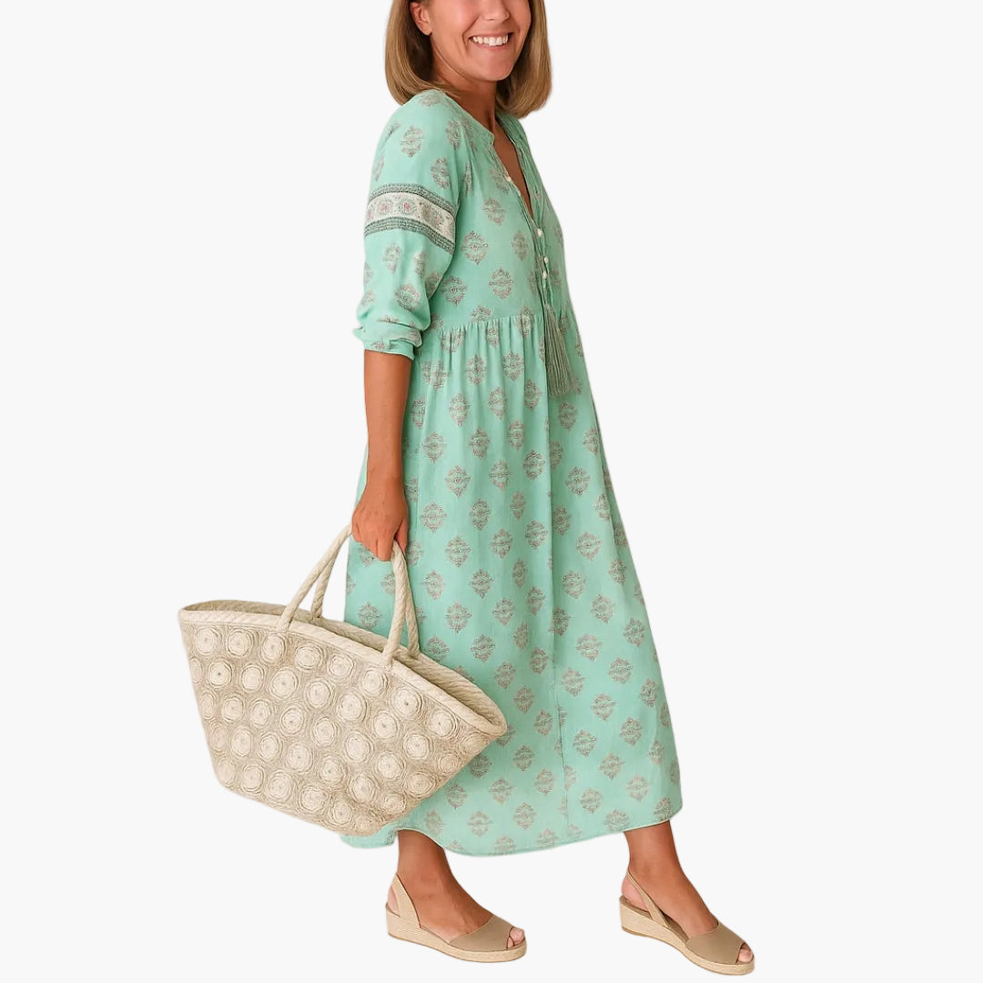 Damen Boho Midi Kleid mit Print und Quasten, Sommer Freizeitkleid, Lockerer Schnitt