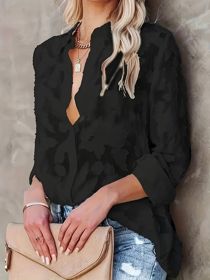 Damen Bluse mit 3D-Blumenmuster – Modische Freizeit- und Bürobluse im lässigen Stil