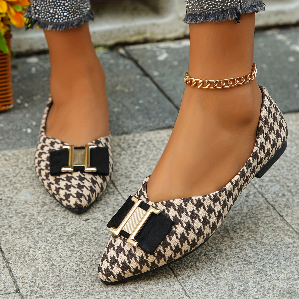 Damen Ballerinas mit Hahnentritt-Muster und Schleifendetail – Elegante Flats für Alltag und Büro