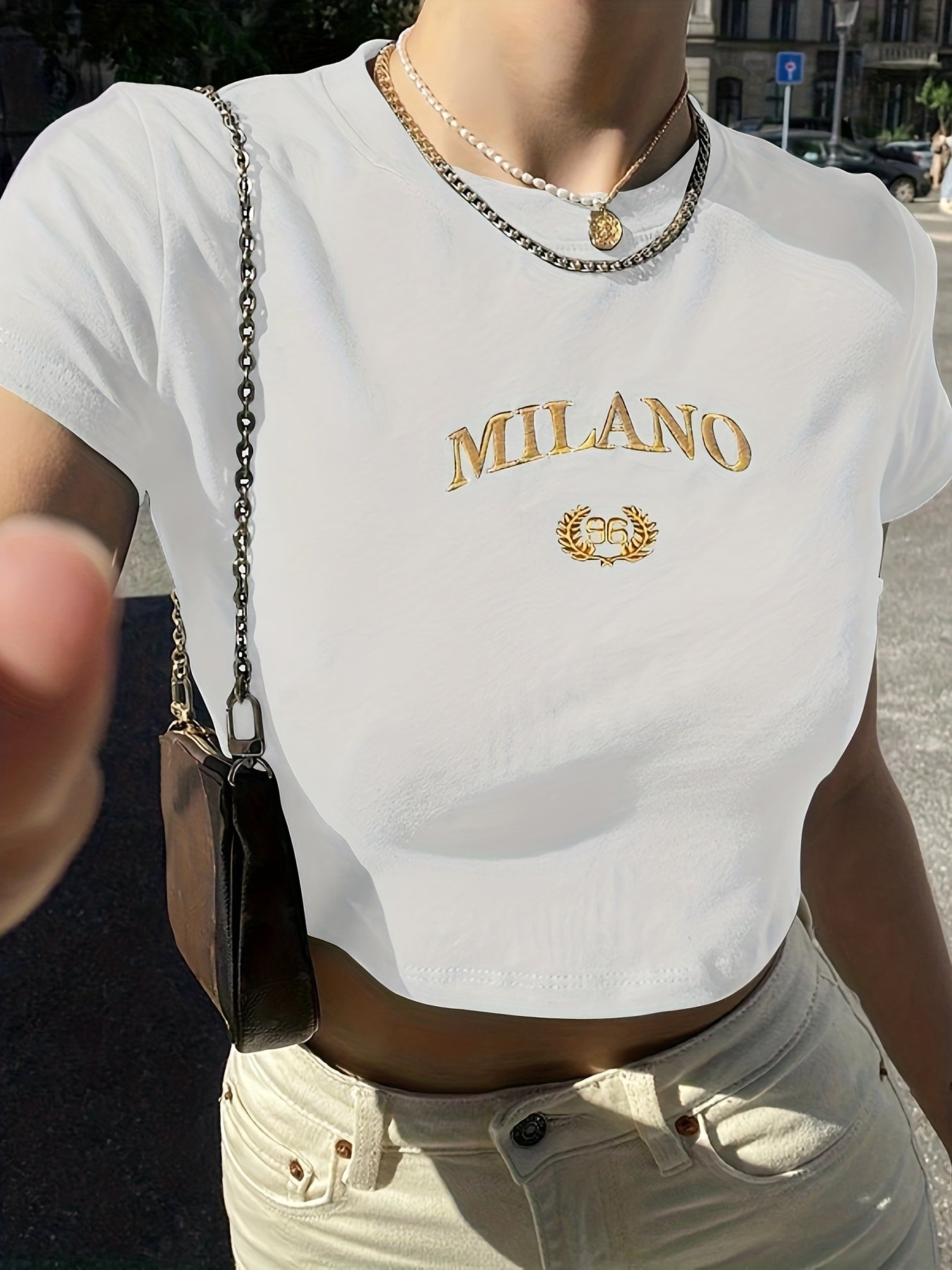 Damen Crop T-Shirt Milano Stickerei Streetwear Y2K Style
