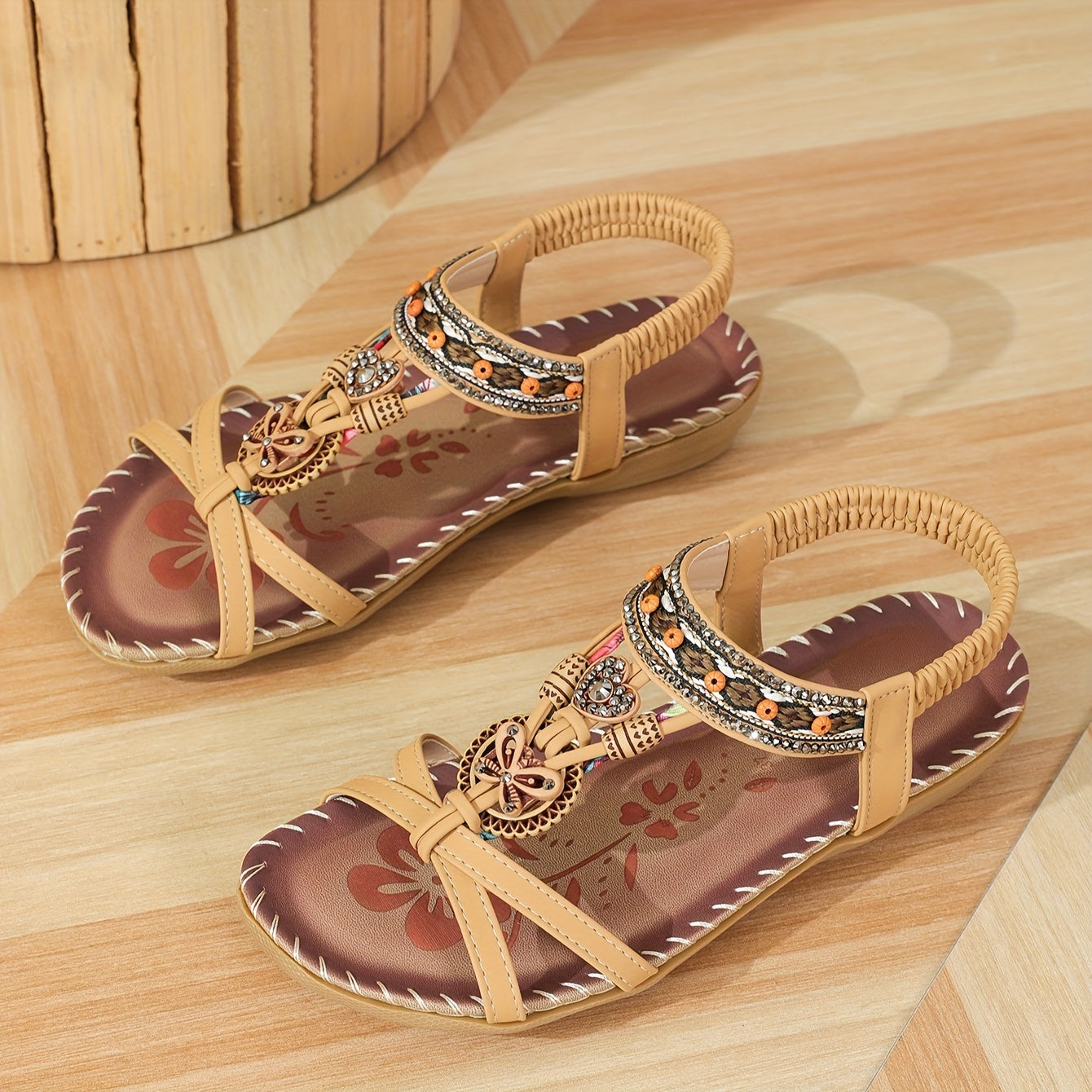 Damen Boho Sandalen mit Perlen und Ornamenten – Bequeme Sommerschuhe für Alltag & Urlaub