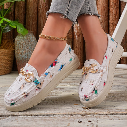 Damen Slip-On Loafer im modischen Fransen-Design mit goldener Kette – Bequeme Freizeitschuhe für den Alltag