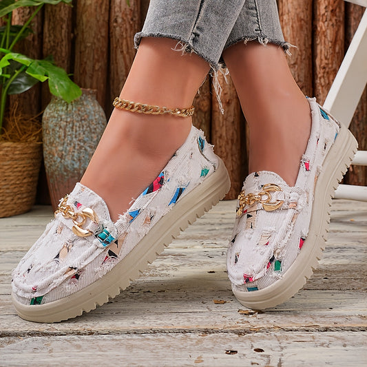 Damen Slip-On Loafer im modischen Fransen-Design mit goldener Kette – Bequeme Freizeitschuhe für den Alltag