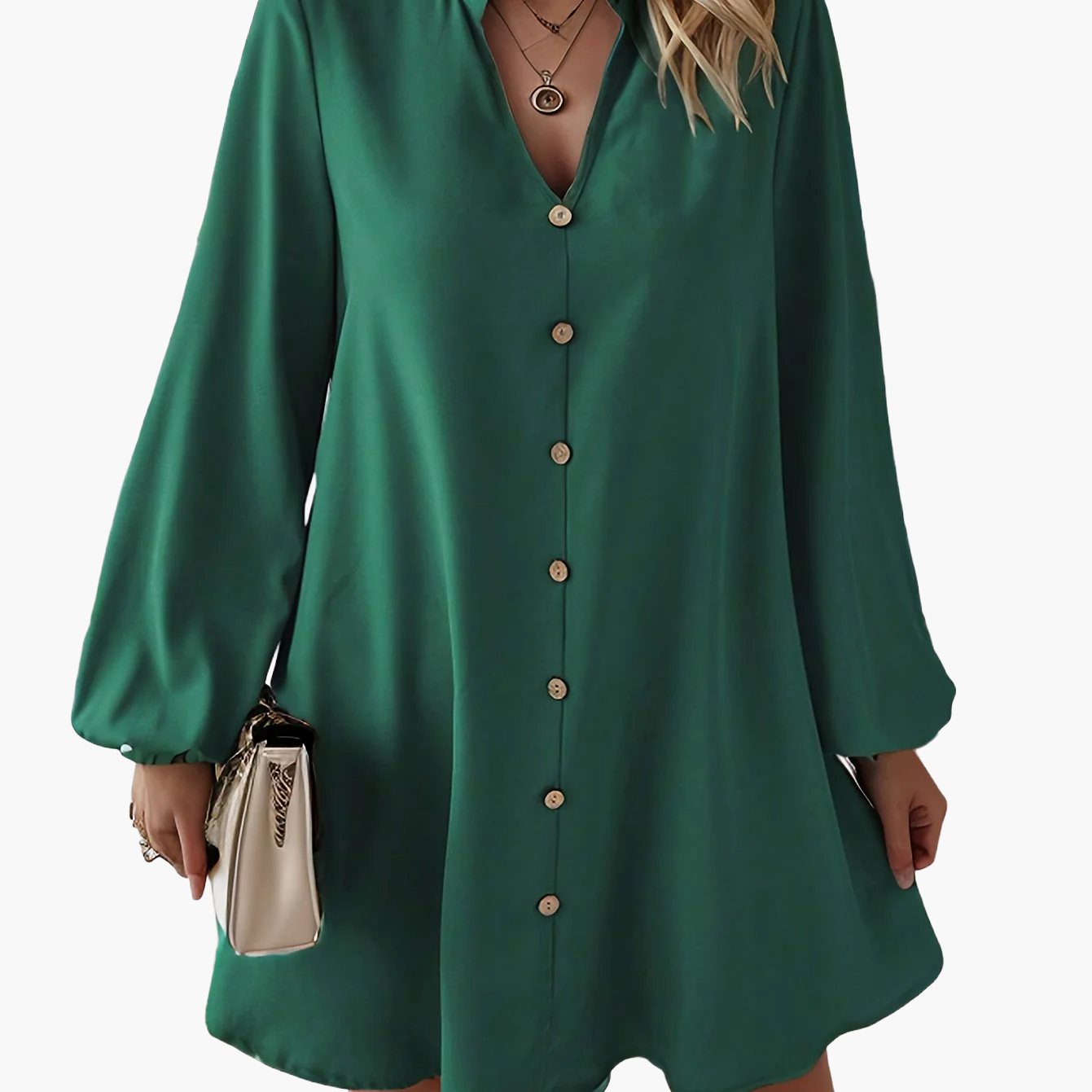 Damen Shirtkleid Elegant Locker Freizeit V-Ausschnitt Knopfleiste