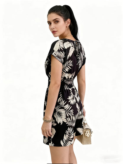 Damen Jumpsuit mit V-Ausschnitt und tropischem Print – Eleganter Freizeit Einteiler mit Taillenbetonung