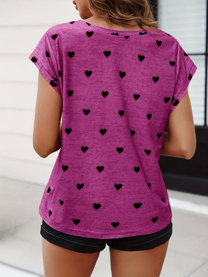 Damen Elegantes Herzmuster T-Shirt für Alltag und Freizeit