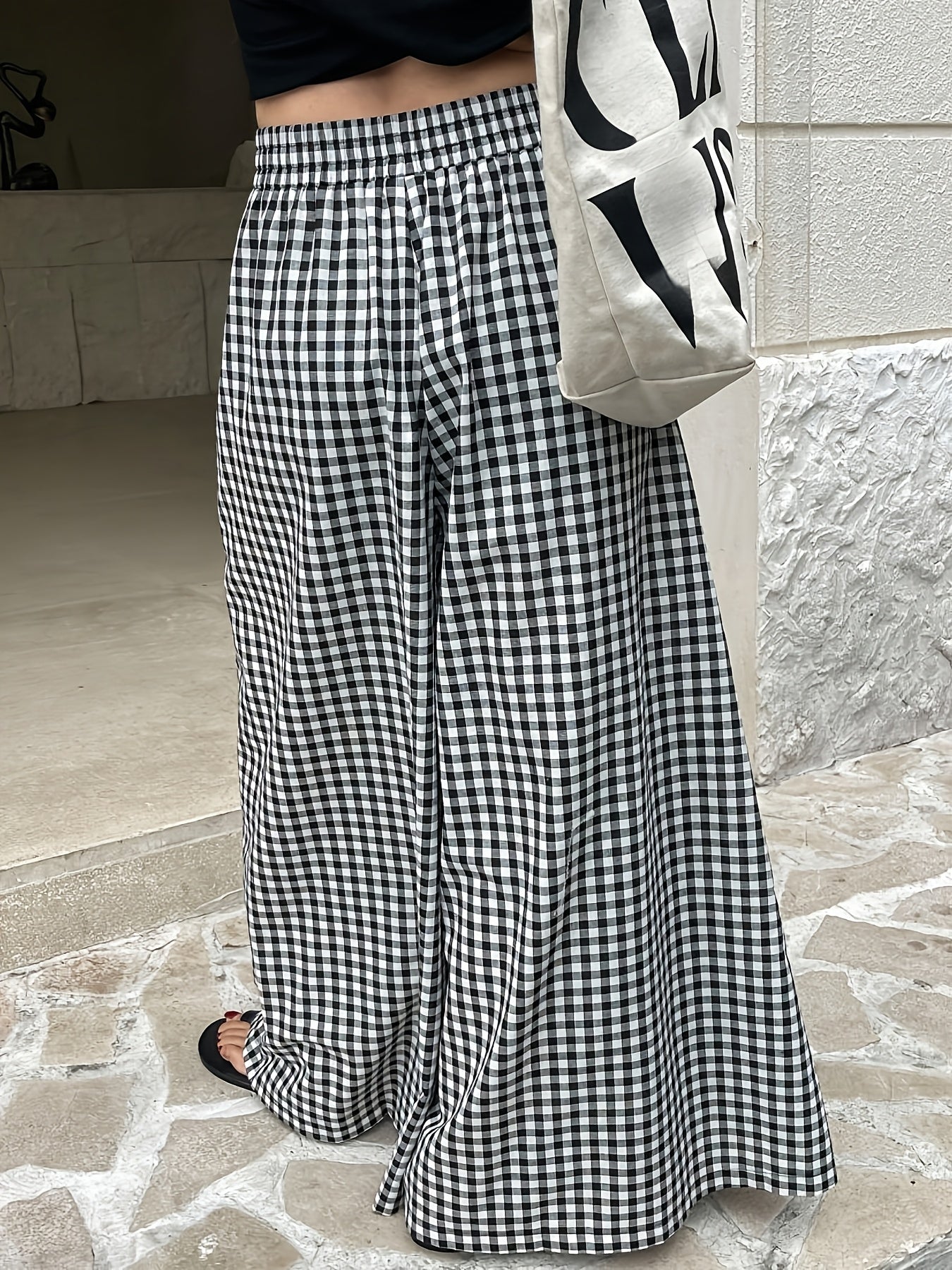 Damen Weite Hose mit Karomuster und hohem Bund – Stilvolle Freizeithose für Alltag & Ausgehen