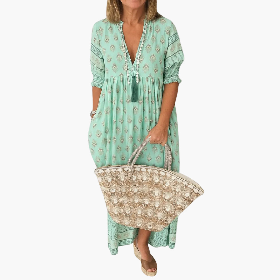 Damen Boho Midi Kleid mit Print und Quasten, Sommer Freizeitkleid, Lockerer Schnitt
