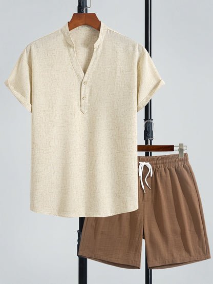 Herren Zweiteiliges Freizeitset mit Henley-Shirt und Shorts – Moderner Look für Alltag und Urlaub