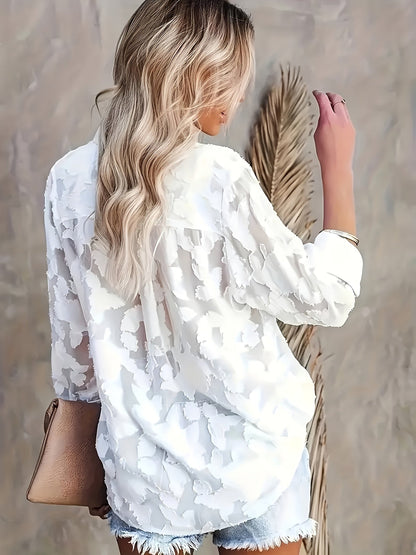 Damen Bluse mit 3D-Blumenmuster – Modische Freizeit- und Bürobluse im lässigen Stil