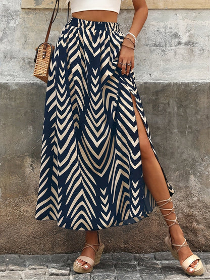 Damen Maxirock mit grafischem Print und Schlitz – Stilvoller Boho-Look für Freizeit und Urlaub