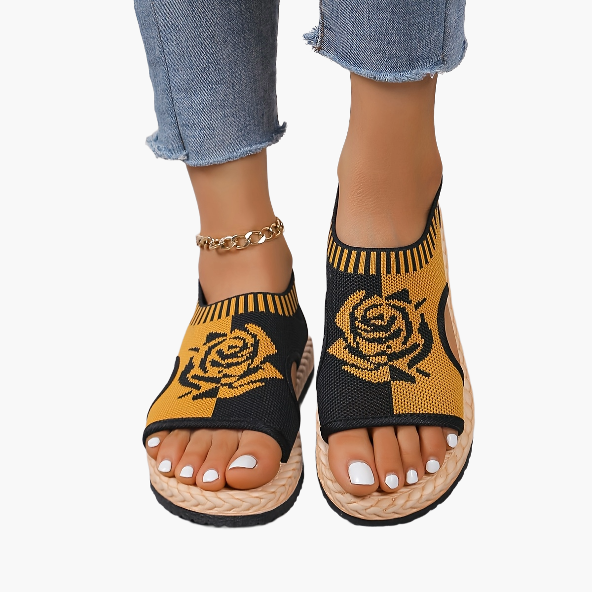 Damen Freizeit Sandalen mit Blumenmuster – Bequeme Sommerschuhe im modernen Strick-Look
