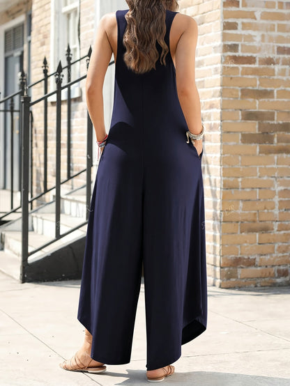 Damen Jumpsuit Sommer Weit Bein Ärmellos V-Ausschnitt Freizeit Overall mit Taschen