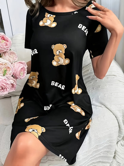 Damen Nachthemd mit Teddybär-Print – Bequemes Casual Schlafshirt für Erwachsene