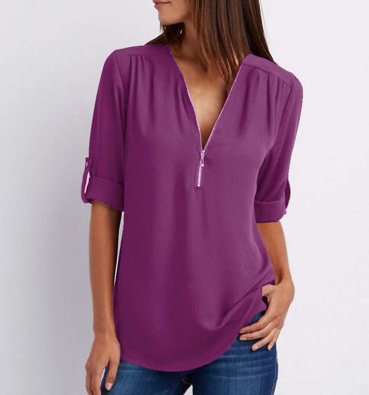 Patricia – Elegantes Damen V-Ausschnitt Shirt mit Reißverschluss