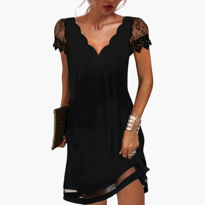 Damen Abendkleid mit Spitzenärmeln und Wellenausschnitt – Elegantes Cocktailkleid für besondere Anlässe