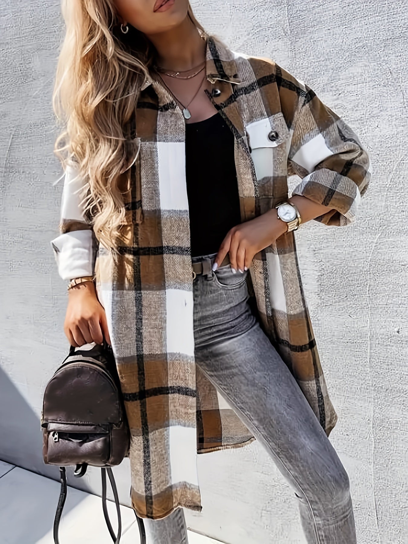 Damen Langarm Karo Shacket im lässigen Oversize-Stil – Perfekt für Alltag und Freizeit