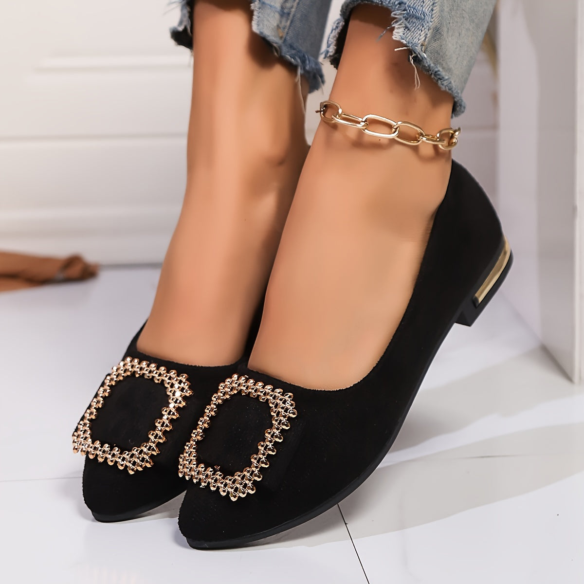 Damen Elegante Slip-On Ballerinas mit Glitzer-Schnalle – Ideal für Alltag & besondere Anlässe