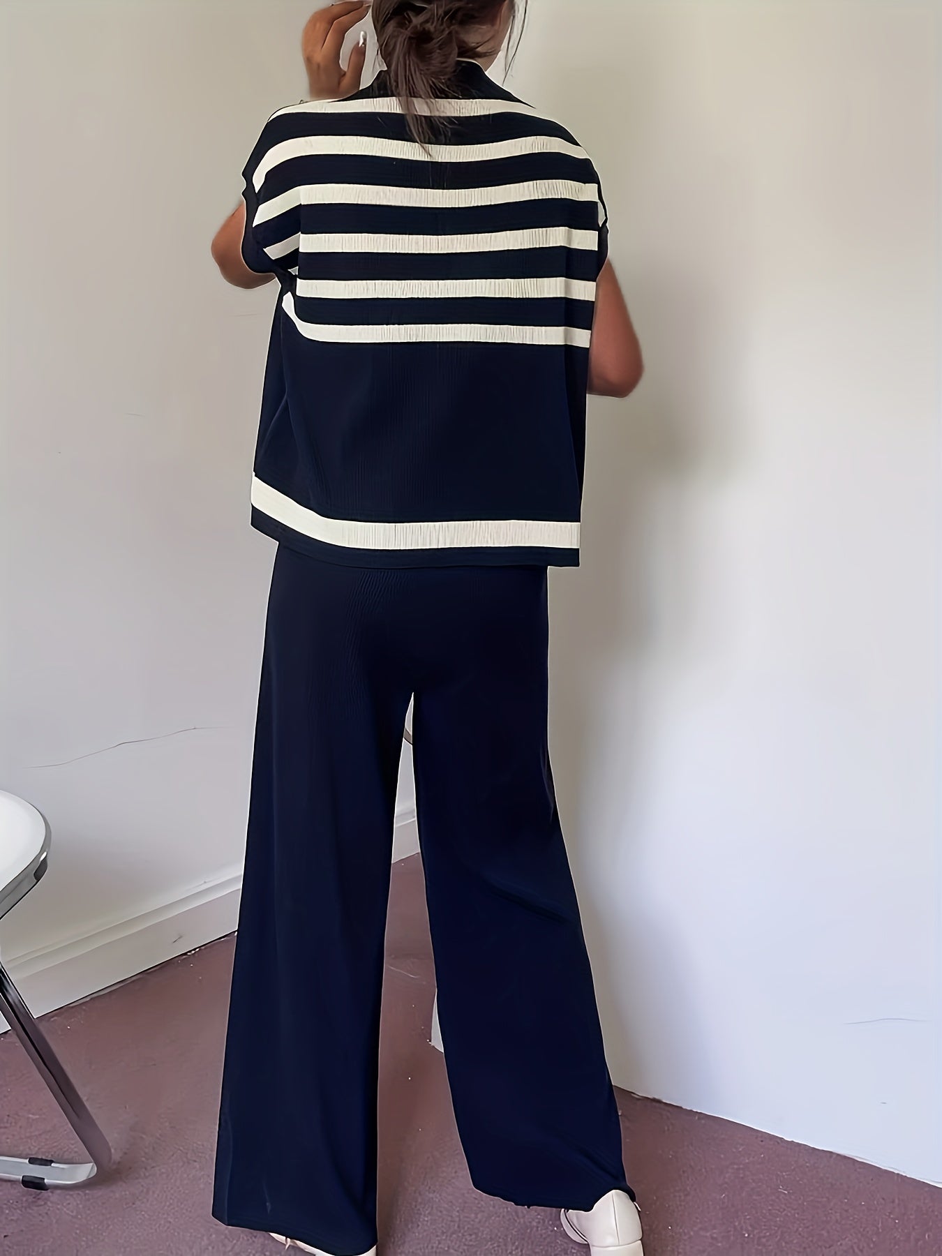 Damen Elegantes Streifen-Set mit Weitbein-Hose und Oversize-Oberteil – Moderner Business- und Freizeit-Look