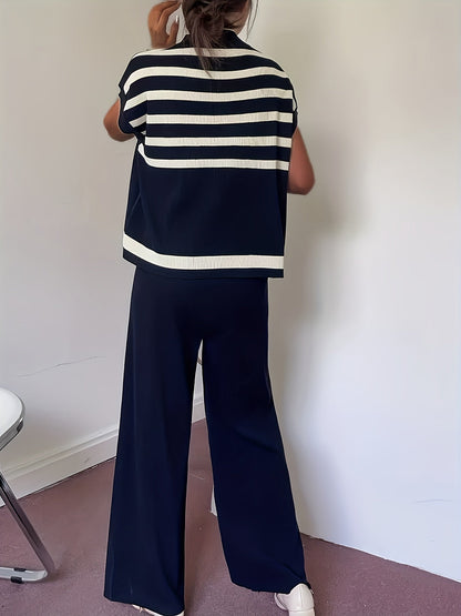 Damen Elegantes Streifen-Set mit Weitbein-Hose und Oversize-Oberteil – Moderner Business- und Freizeit-Look
