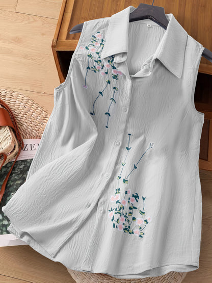 Damen ärmellose Bluse mit Blumenstickerei und Kragen – Elegant für Freizeit & Büro