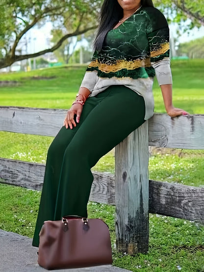 Damen Elegantes Freizeit-Outfit mit Weitbein-Hose und Modernem Print-Oberteil – Perfekt für Alltag und Ausflüge