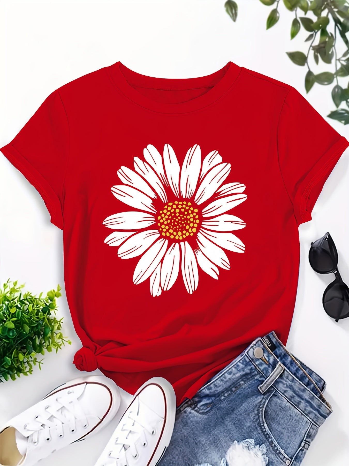 Damen T-Shirt mit großem Gänseblümchen Print – Lässiger Blumendruck, ideal für Alltag & Freizeit