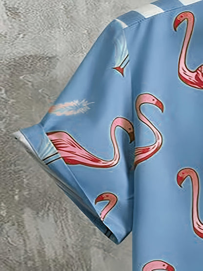 Herren Sommer Freizeit Set mit Flamingo Motiv und Streifen – Stilvolles Kurzarmhemd & Shorts für Urlaub und Alltag