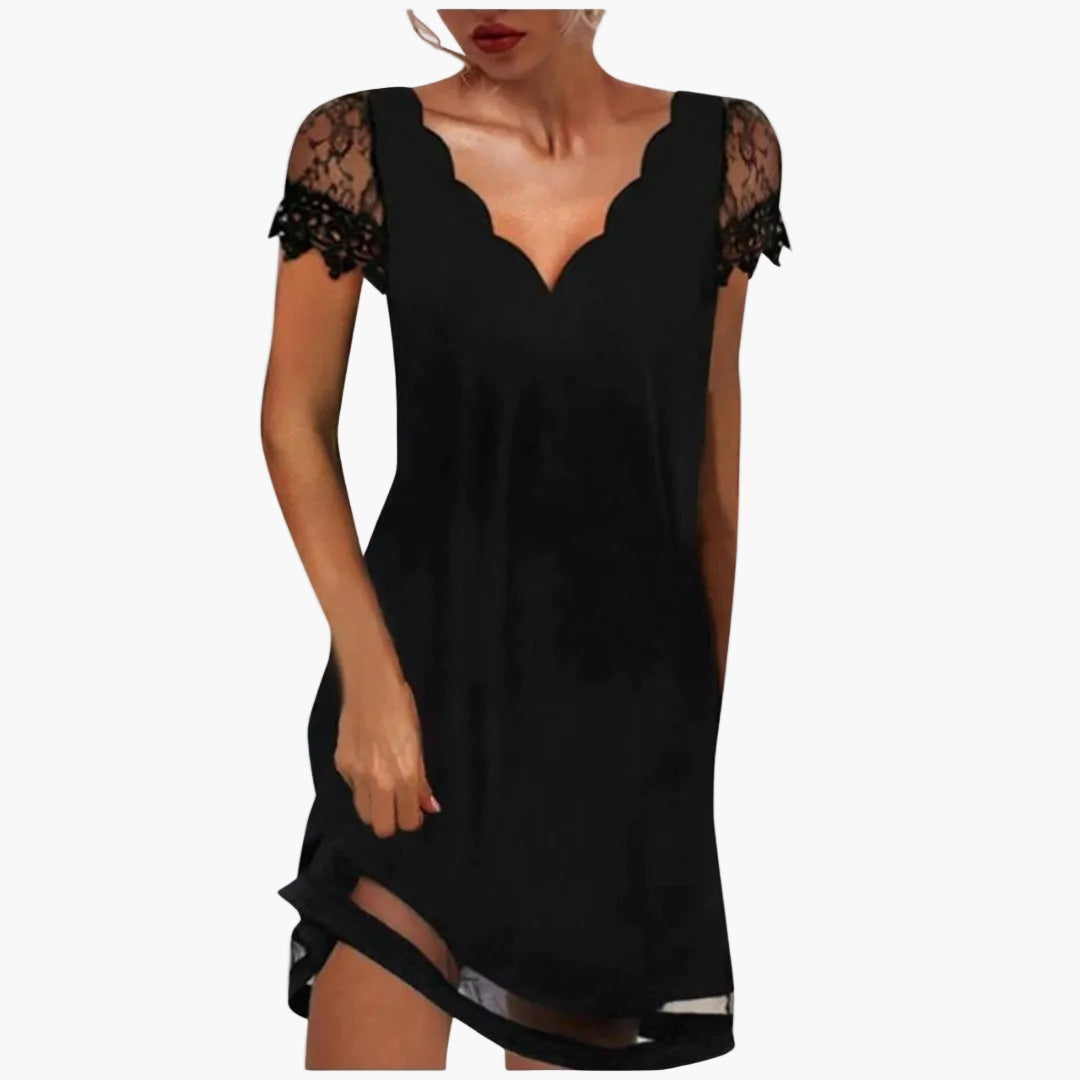 Damen Abendkleid mit Spitzenärmeln und Wellenausschnitt – Elegantes Cocktailkleid für besondere Anlässe