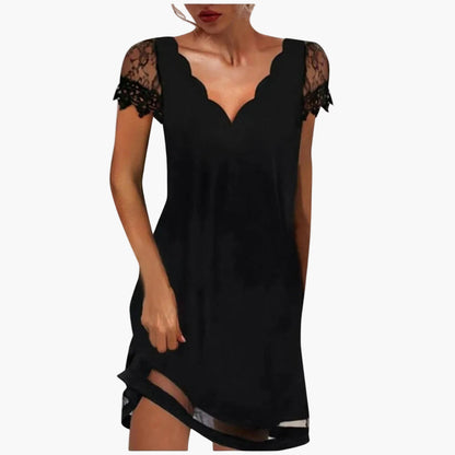 Damen Abendkleid mit Spitzenärmeln und Wellenausschnitt – Elegantes Cocktailkleid für besondere Anlässe