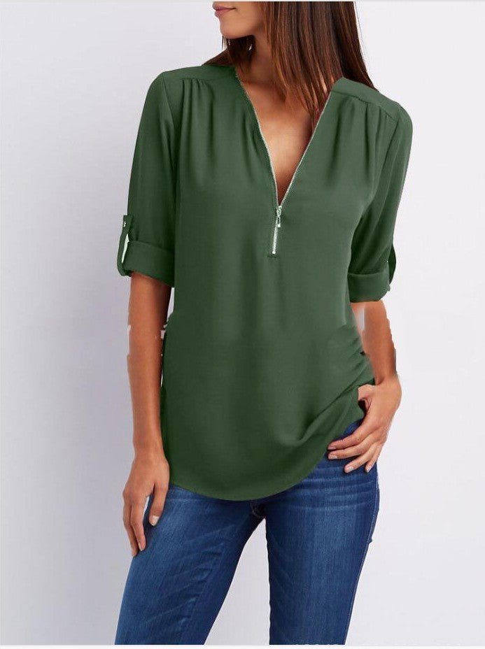 Patricia – Elegantes Damen V-Ausschnitt Shirt mit Reißverschluss