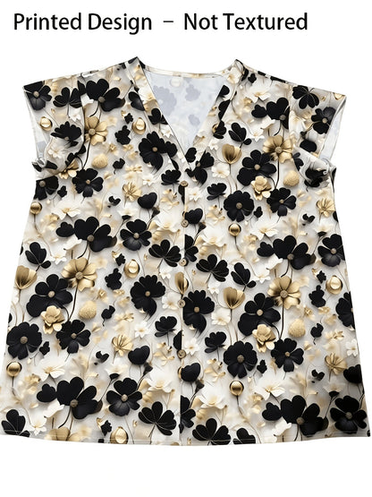 Damen-Bluse mit Blumenmuster und V-Ausschnitt – Eleganter Freizeit- und Alltagsstil
