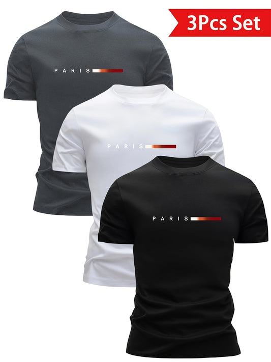 Herren T-Shirt 3er Set – Modernes Paris Print Design, Freizeit & Alltag, Rundhals