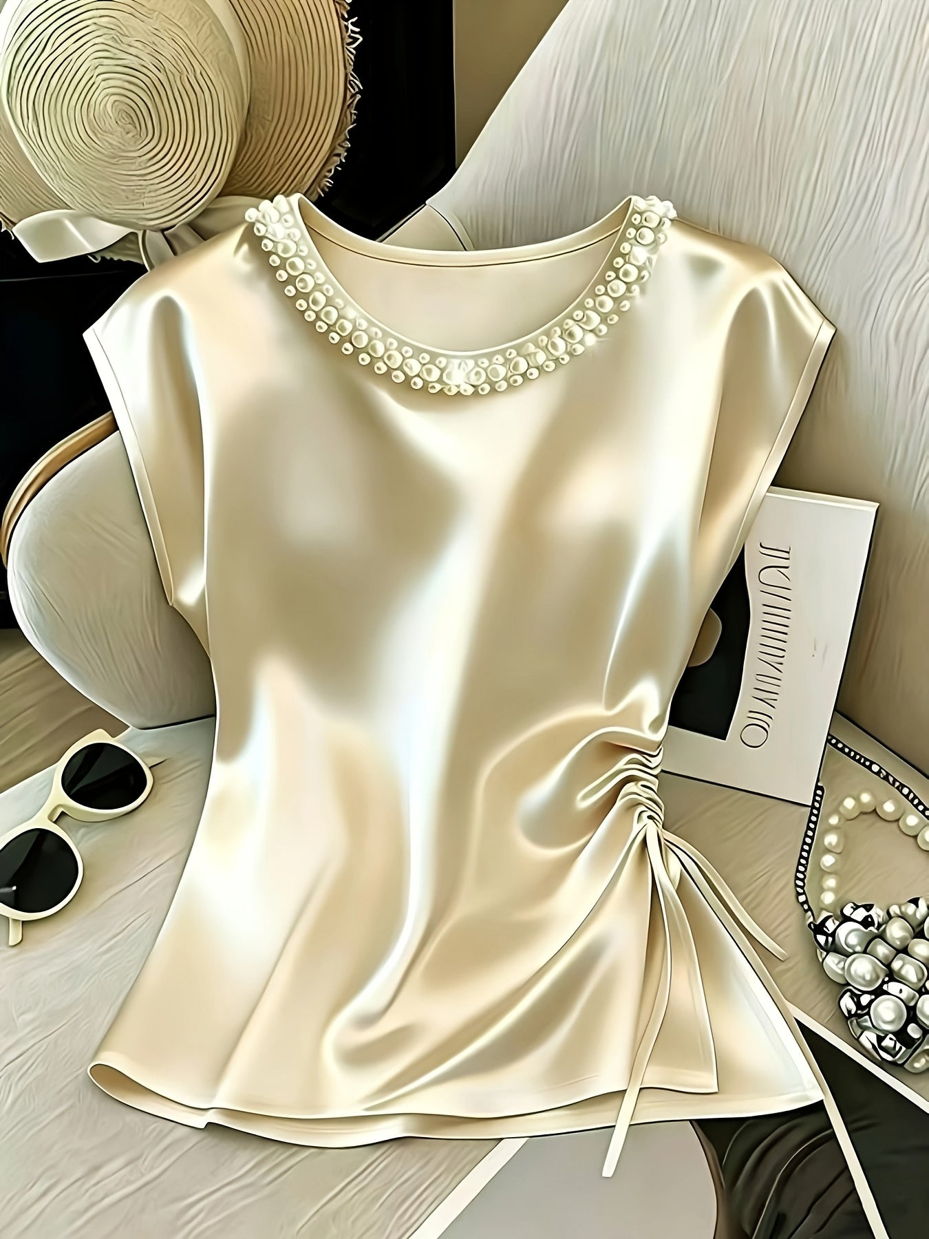 Damen Elegante Satinbluse mit Perlenkragen und Raffdetails – Stilvolle Kurzarm-Bluse für festliche Anlässe