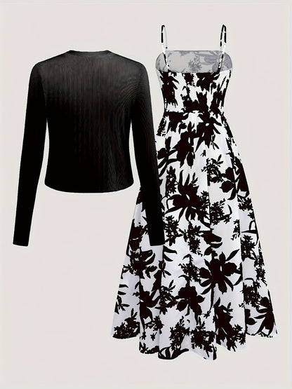 Elegantes Damen Kleid mit Blumenmuster und passendem Cardigan Set
