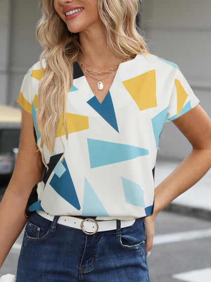 Damen Vintage Bluse mit geometrischem Muster und V-Ausschnitt – Modisches Büro & Freizeitshirt