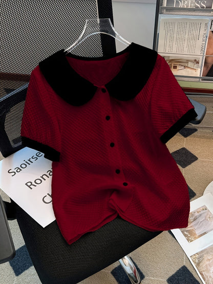 Damen Bluse im Vintage-Stil mit Kontrastkragen und kurzen Ärmeln – Elegante Alltagsmode