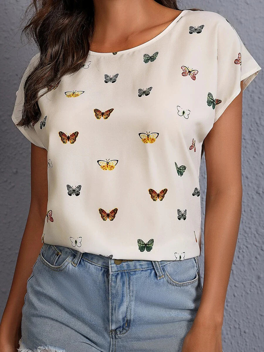 Damen Schmetterlingsprint Bluse – Modisches Sommer Top für Alltag & Freizeit