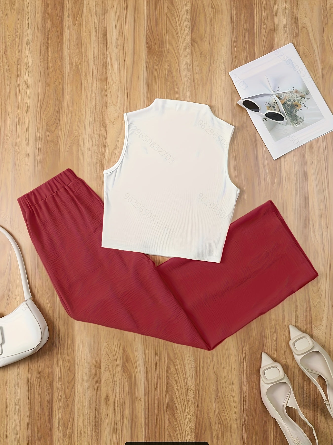 Damen Elegantes Set – Ärmelloses Oberteil mit Stehkragen und Weite Hose, Perfekt für Büro und Alltag