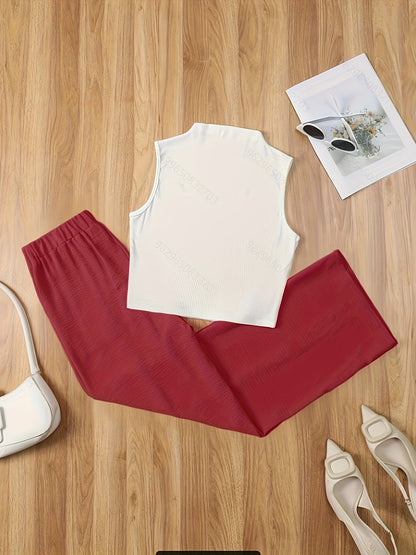 Damen Elegantes Set – Ärmelloses Oberteil mit Stehkragen und Weite Hose, Perfekt für Büro und Alltag