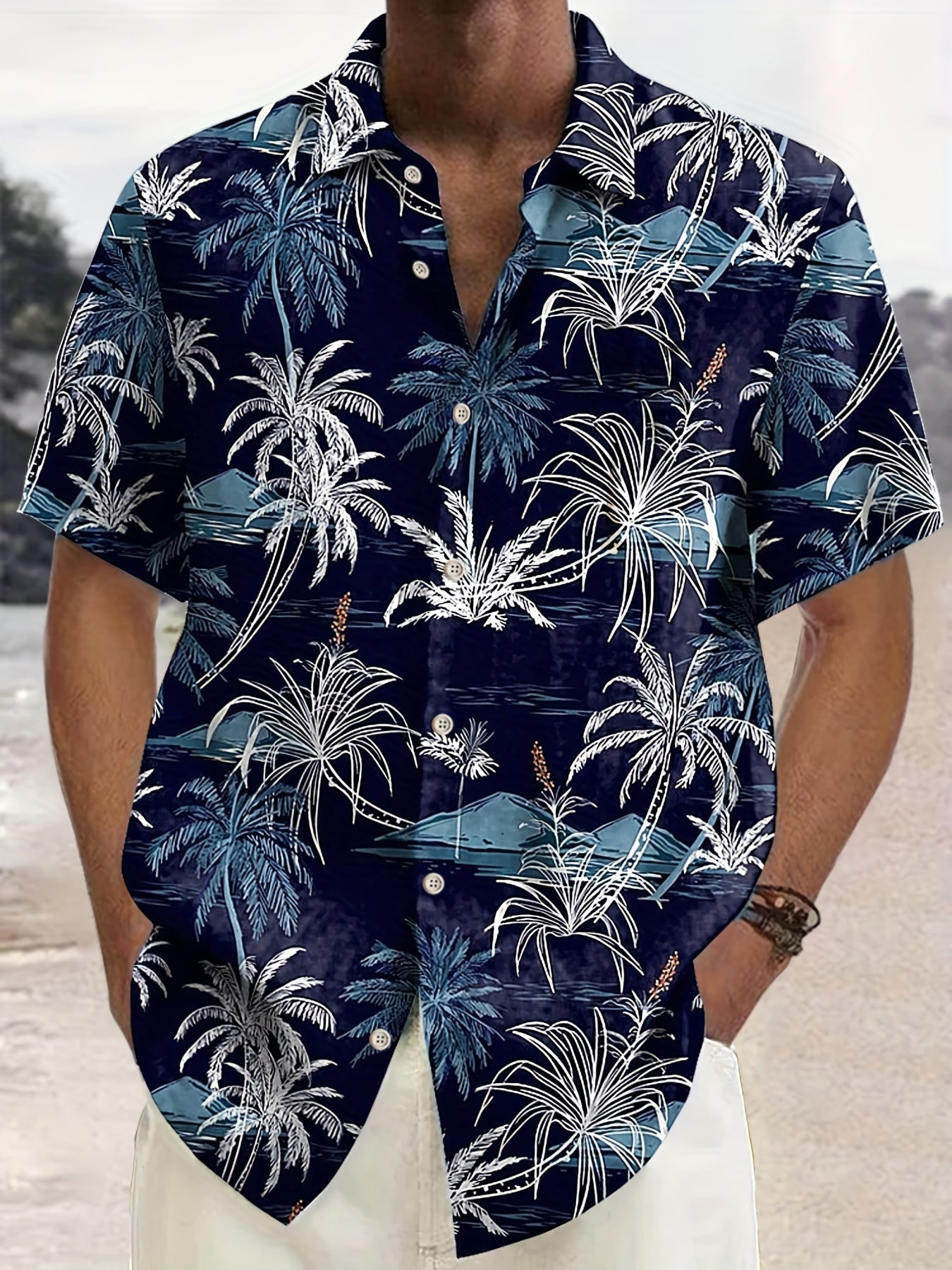 Herren Kurzarm Hawaiihemd mit tropischem Palmenmuster – Freizeit Sommerhemd für Strand und Urlaub