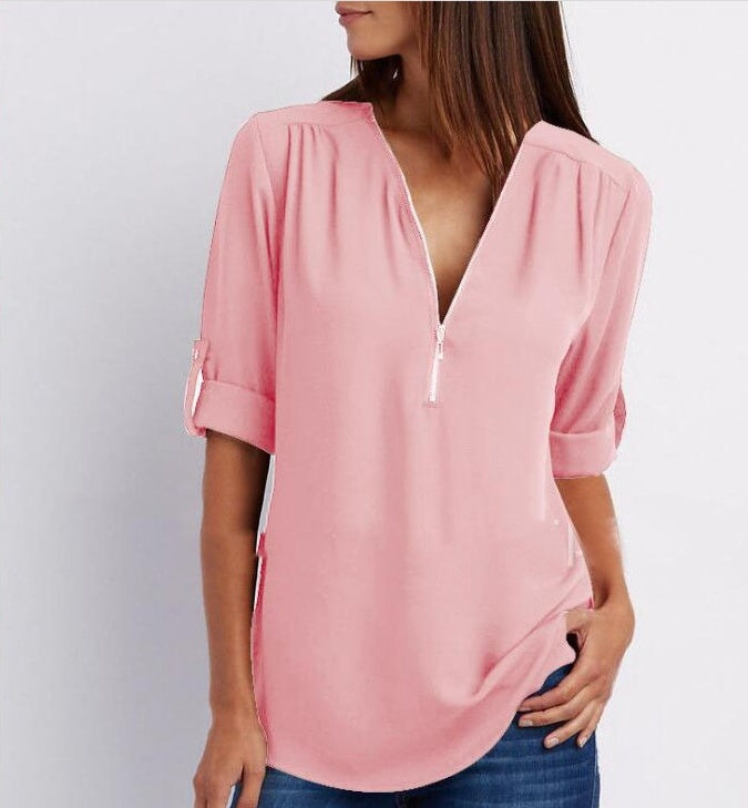 Patricia – Elegantes Damen V-Ausschnitt Shirt mit Reißverschluss