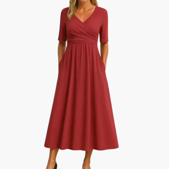 Damen Midikleid Elegant Festlich mit Halbarm – Feminines Crossover-Kleid für Hochzeit, Feier & Alltag