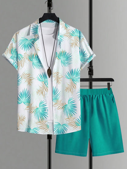 Herren Sommer Strand Set – Kurzarm Hemd & Shorts, Tropischer Print, Lässiger Look für Urlaub & Freizeit