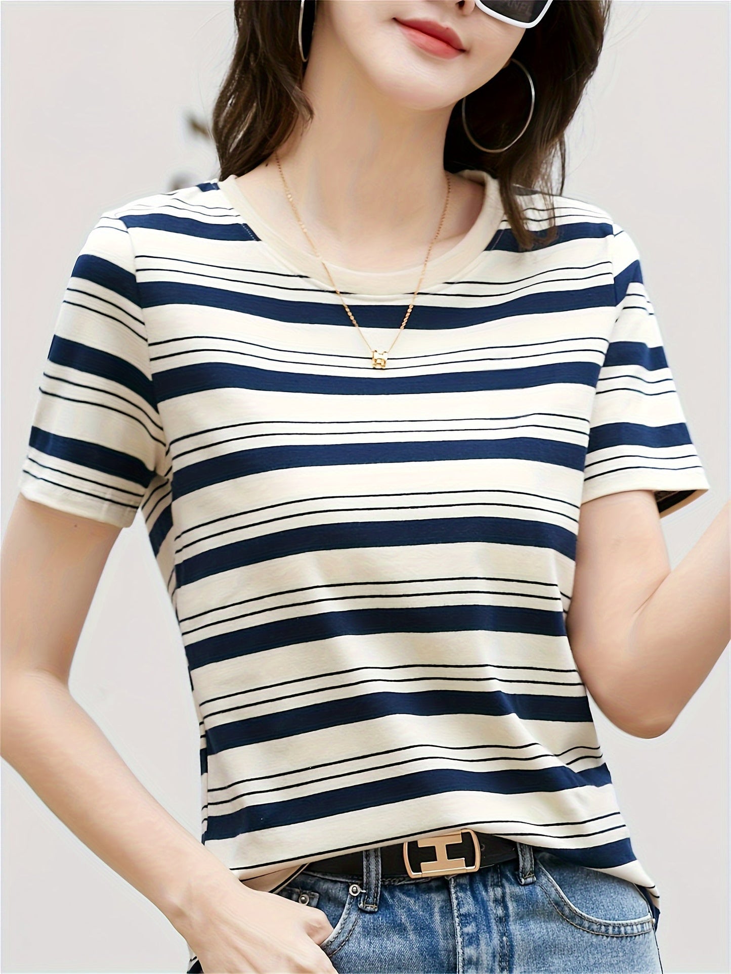 Damen Gestreiftes Casual T-Shirt mit Rundhalsausschnitt – Zeitloses Basic für Alltag und Freizeit