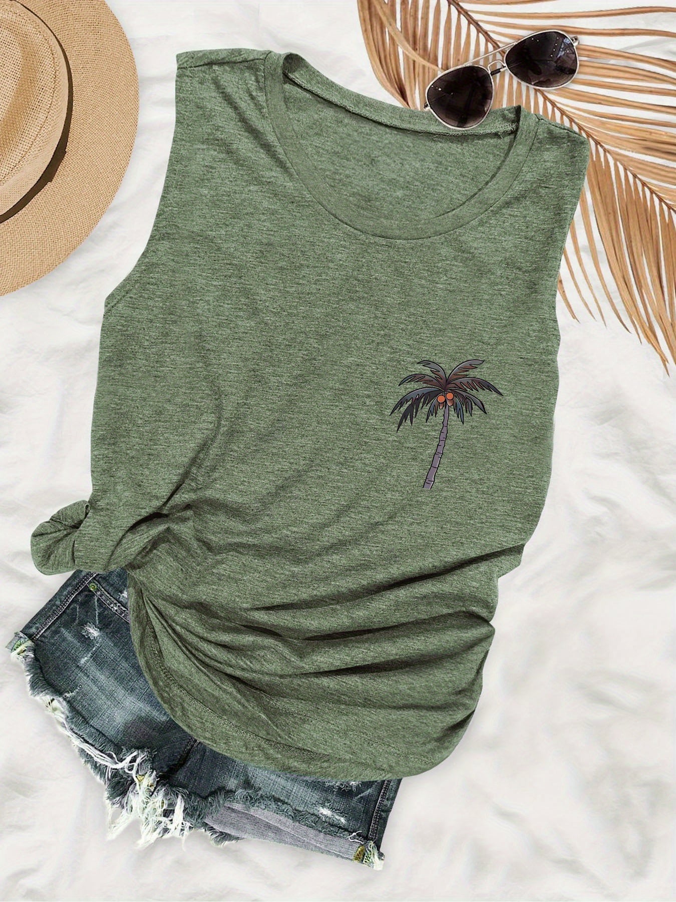 Damen ärmelloses Freizeit-Tanktop mit Palmenprint – Perfekt für Urlaub und Sommer