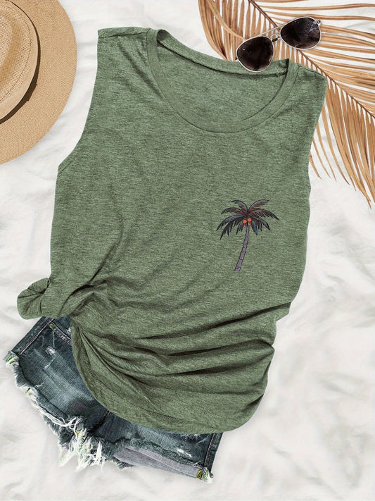 Damen ärmelloses Freizeit-Tanktop mit Palmenprint – Perfekt für Urlaub und Sommer