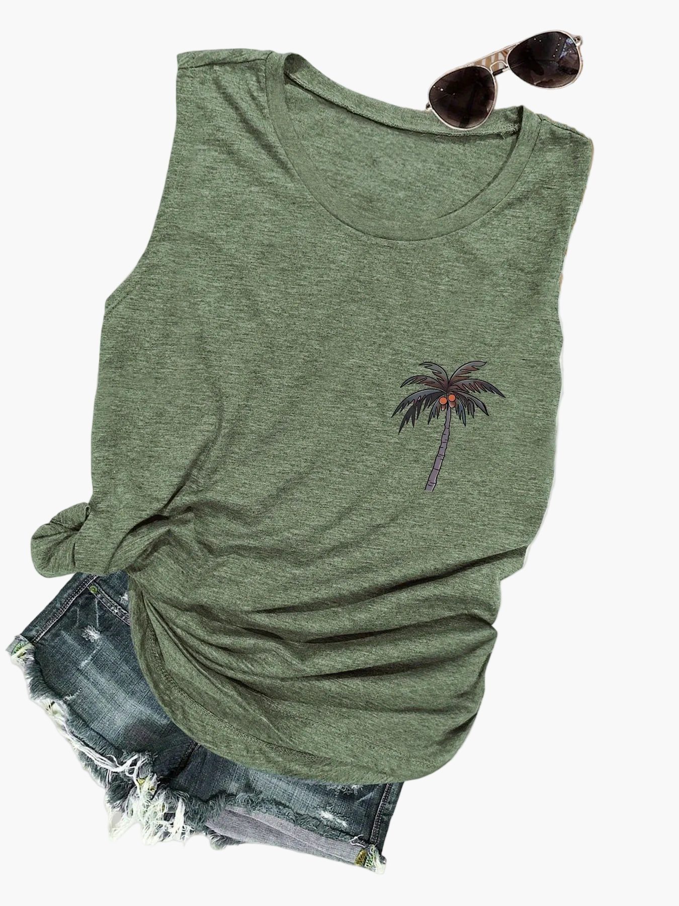 Damen ärmelloses Freizeit-Tanktop mit Palmenprint – Perfekt für Urlaub und Sommer