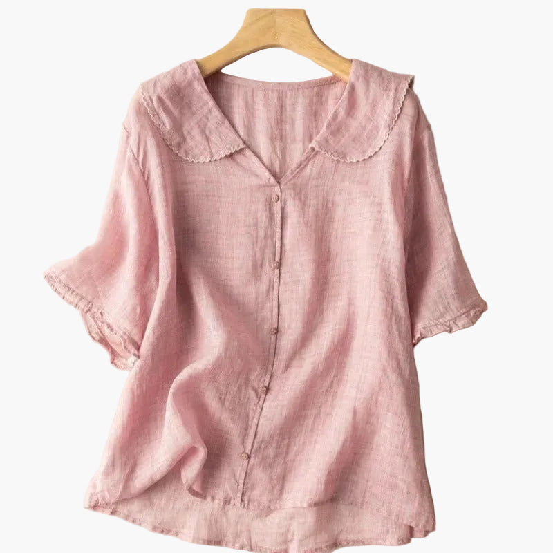 Damen Veganes Leinenbluse im Vintage-Stil mit Bubikragen – Luftige Freizeitbluse für Alltag & Büro